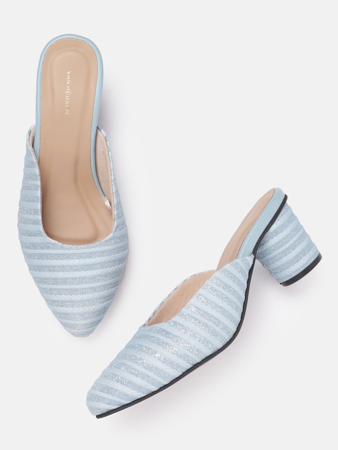 

Van Heusen Woman Striped Block Heel Mules With Glittery Effect, Blue