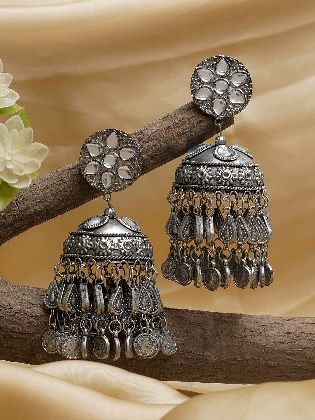 

TEEJH Silver-Plated Dome Shaped Stone Studded Jhumkas