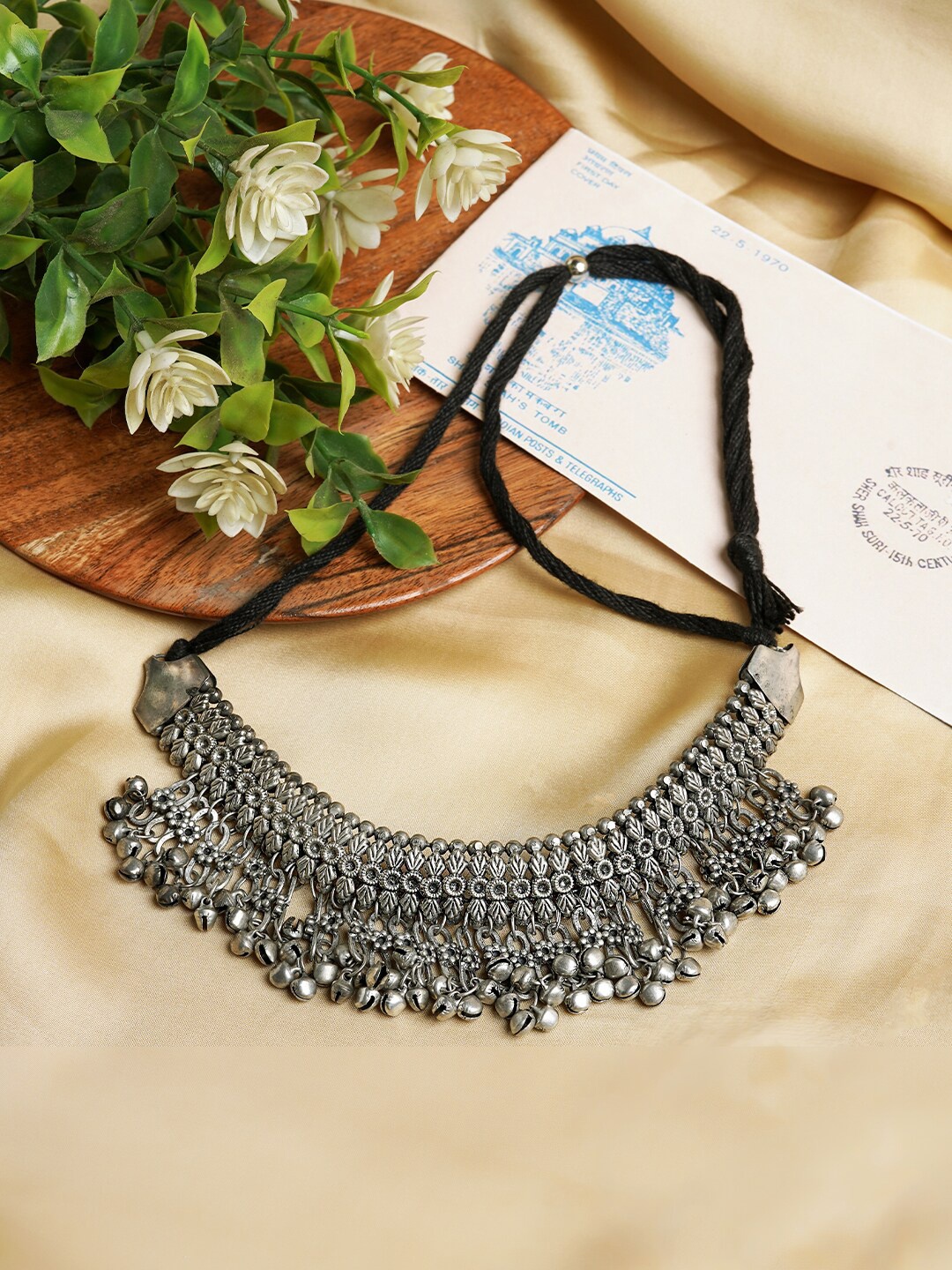 

TEEJH Silver-Plated Oxidised Ghungroo Necklace