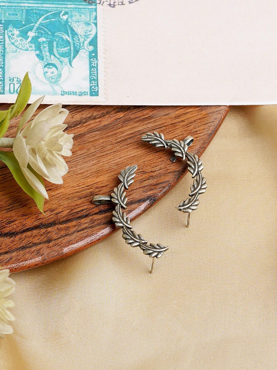 

TEEJH Silver-Plated Leaf Shaped Clip On Ear Cuffs