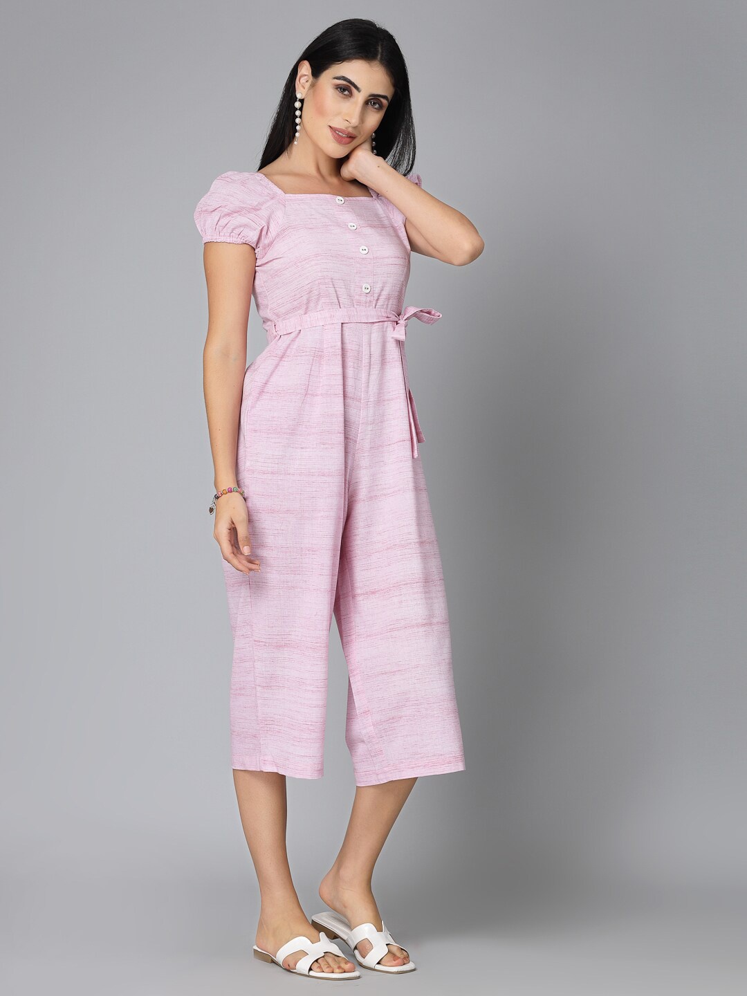 

Style Quotient Pink Self Design Square Neck Cotton Culotte Jumpsuit