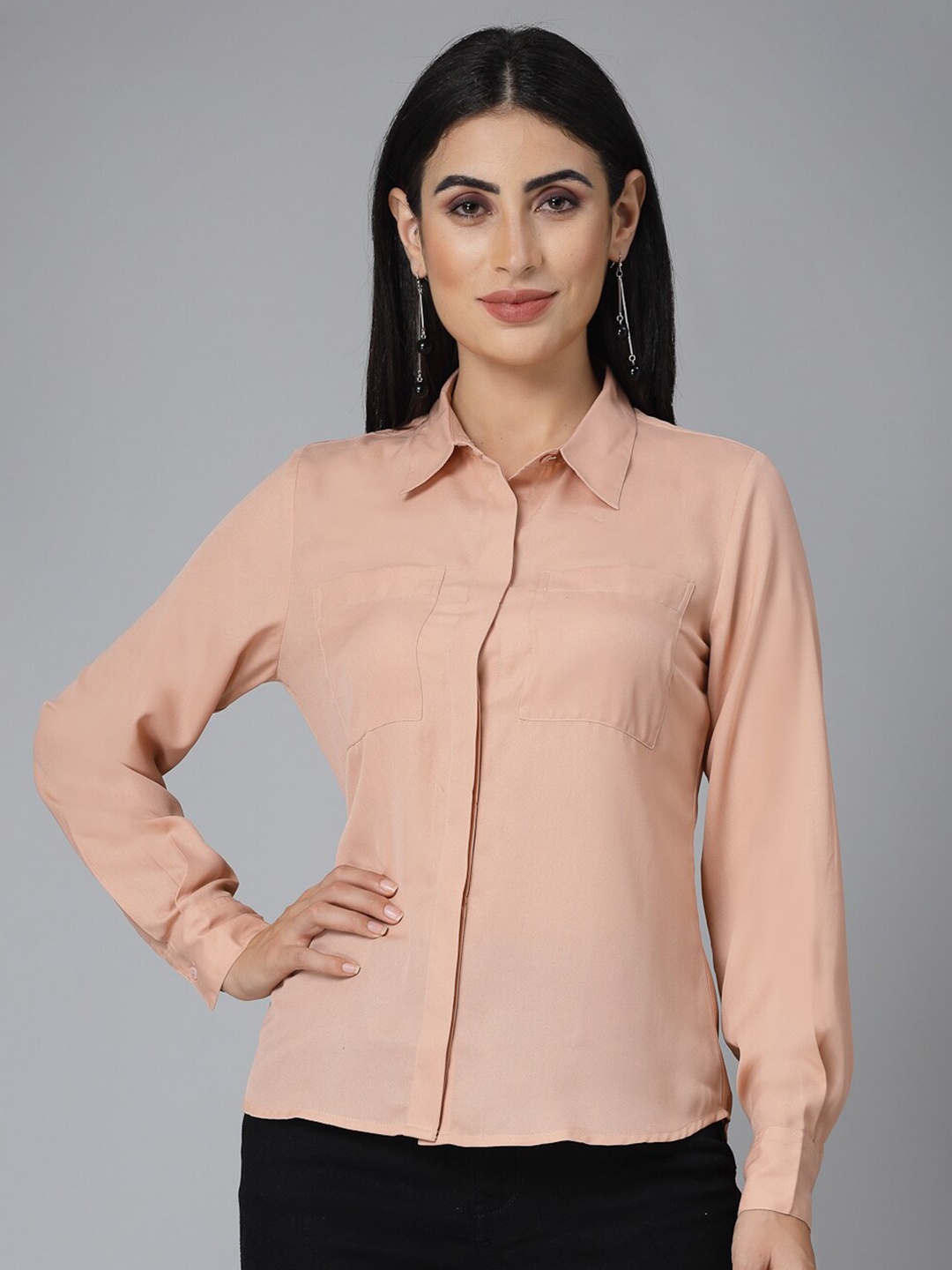 

Style Quotient Nude-Coloured Chest Pockets Smart Regular Fit Formal Shirt