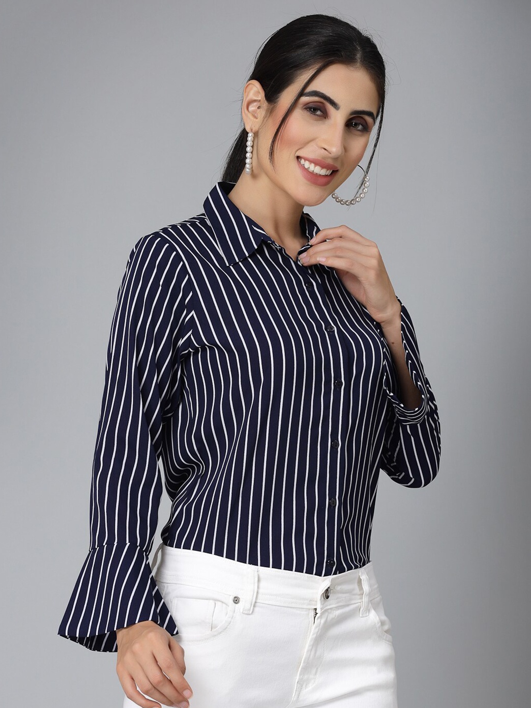 

Style Quotient Navy Blue & white Striped Smart Regular Fit Formal Shirt