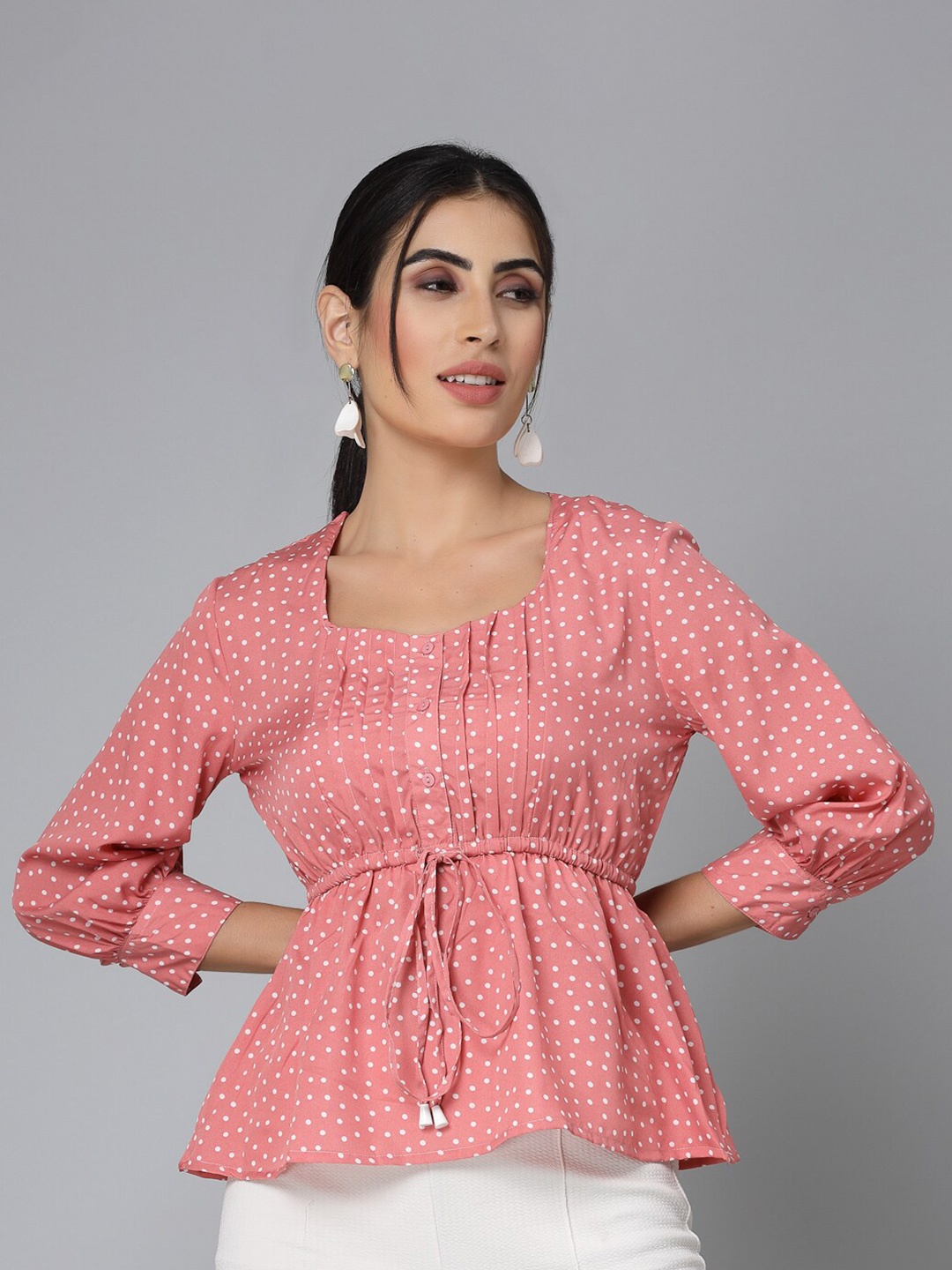 

Style Quotient Pink Polka Dot Printed Cuffed Sleeve Empire Top