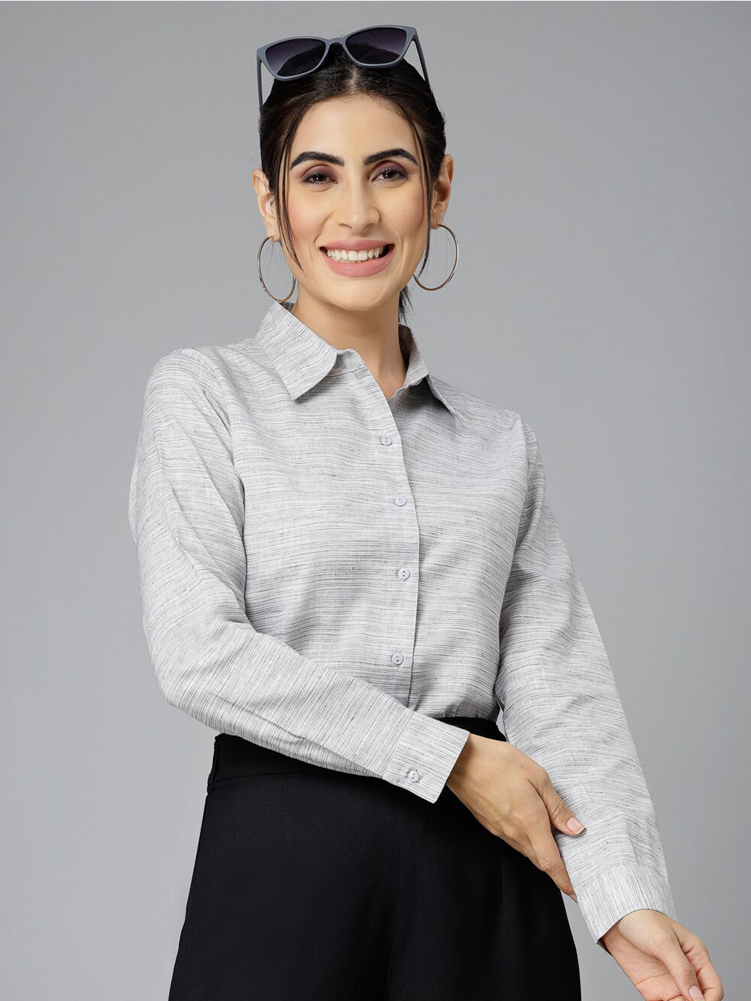 

Style Quotient Grey Smart Striped Formal Shirt