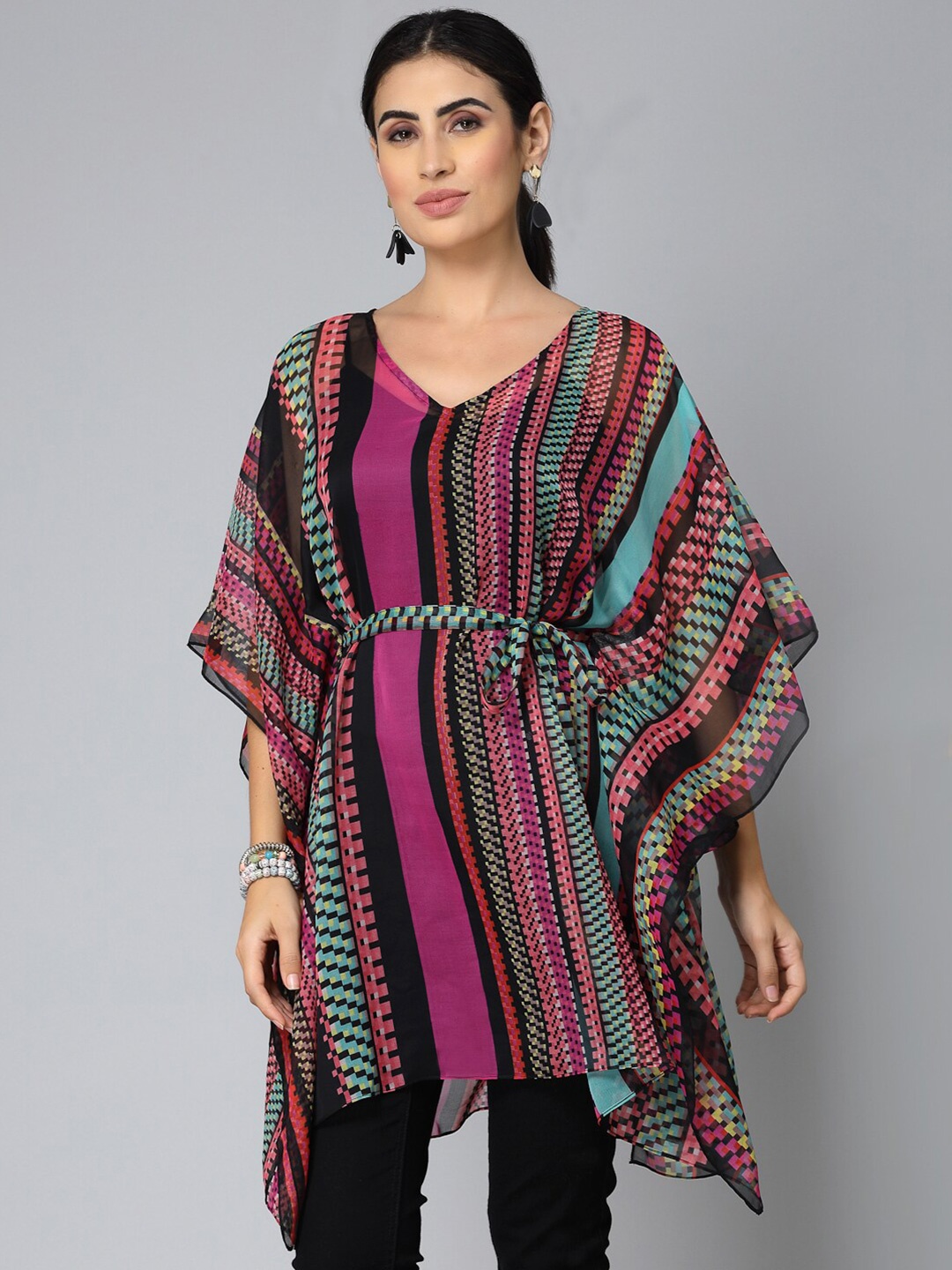 

Style Quotient Black Striped Flared Sleeve Tie-Up Kaftan Kurta