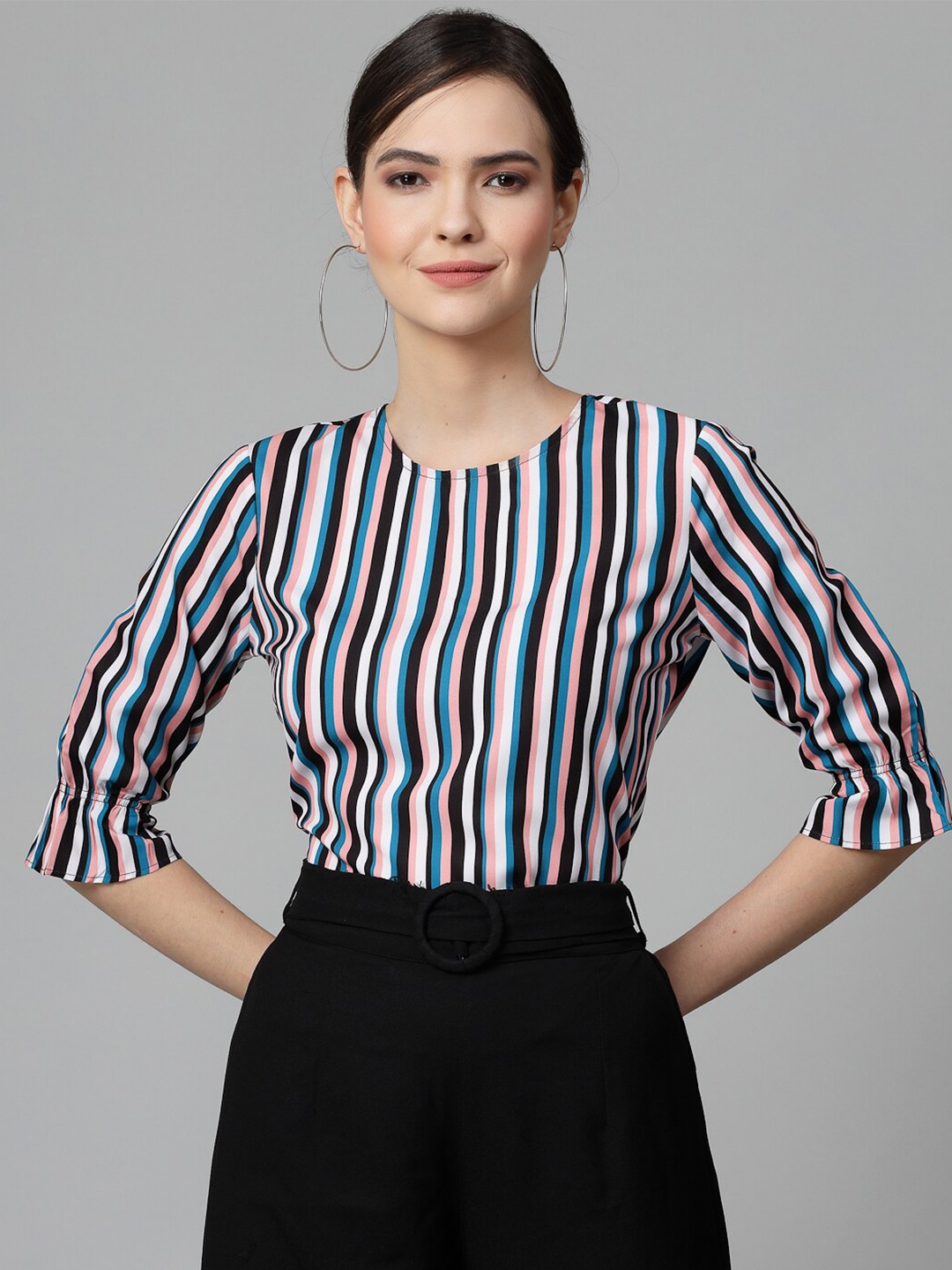 

Style Quotient Pink & Black Striped Round Neck Top