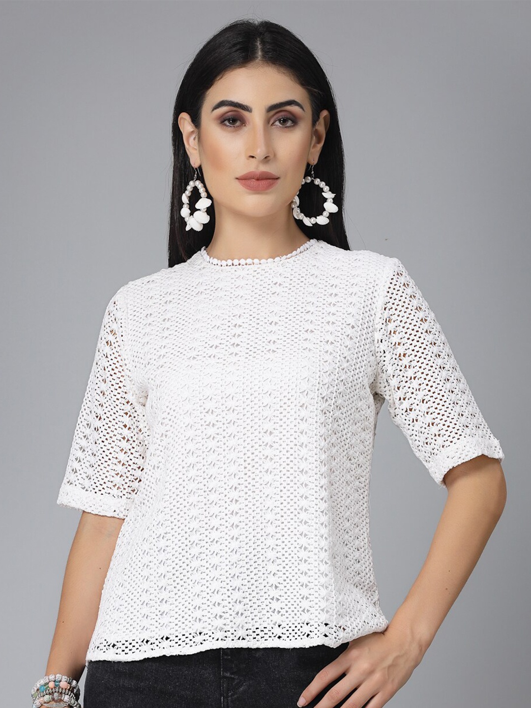 

Style Quotient White Self Design Cotton Lace Top