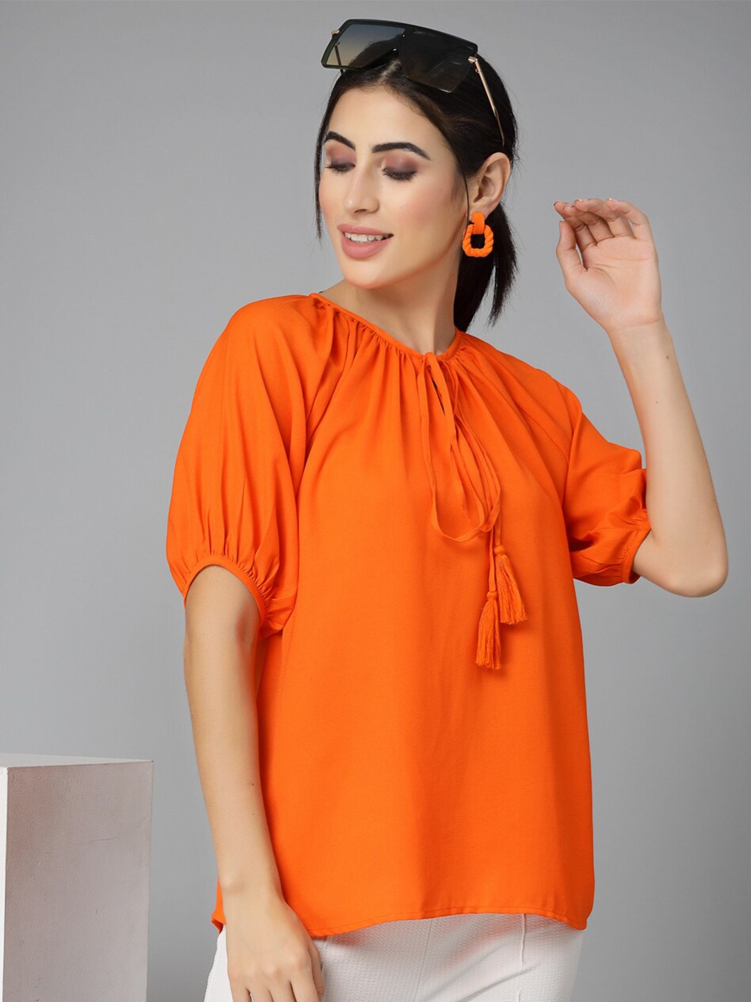 

Style Quotient Orange Tie-Up Neck Puff Sleeve A-Line Top