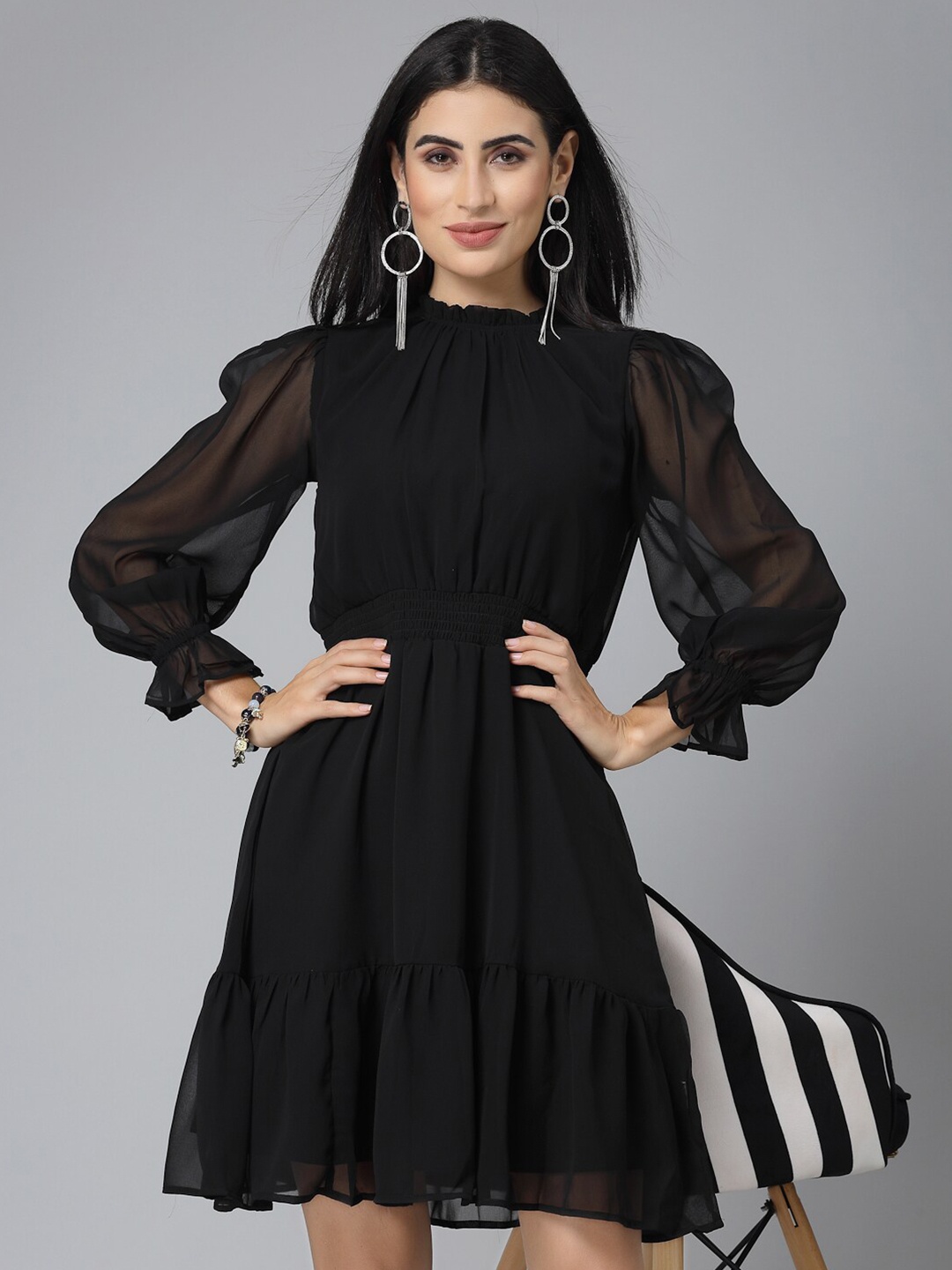 

Style Quotient Black Mock Neck Cuffed Sleeve Smocked Tiered Fit & Flare Dress