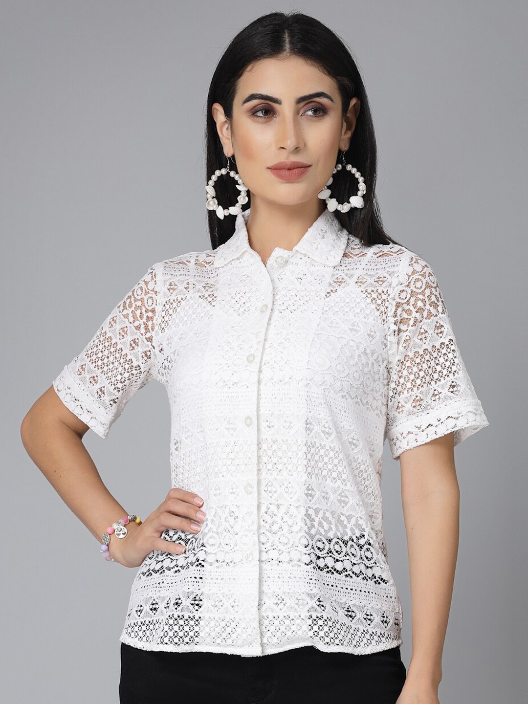 

Style Quotient White Ethnic Motifs Self Design Spread Collar Casual Shirt