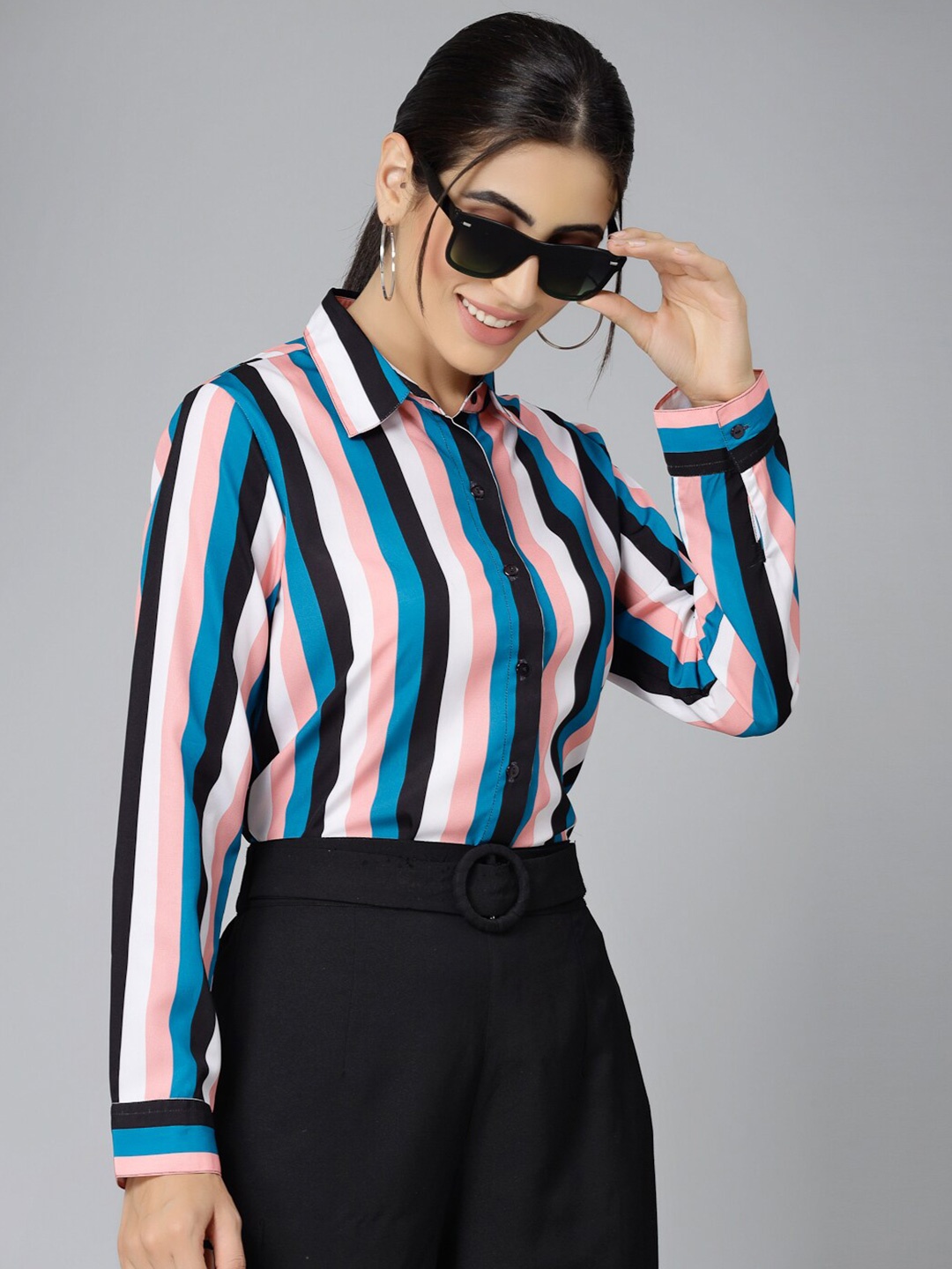 

Style Quotient Black Smart Vertical Striped Spread Collar Casual Shirt