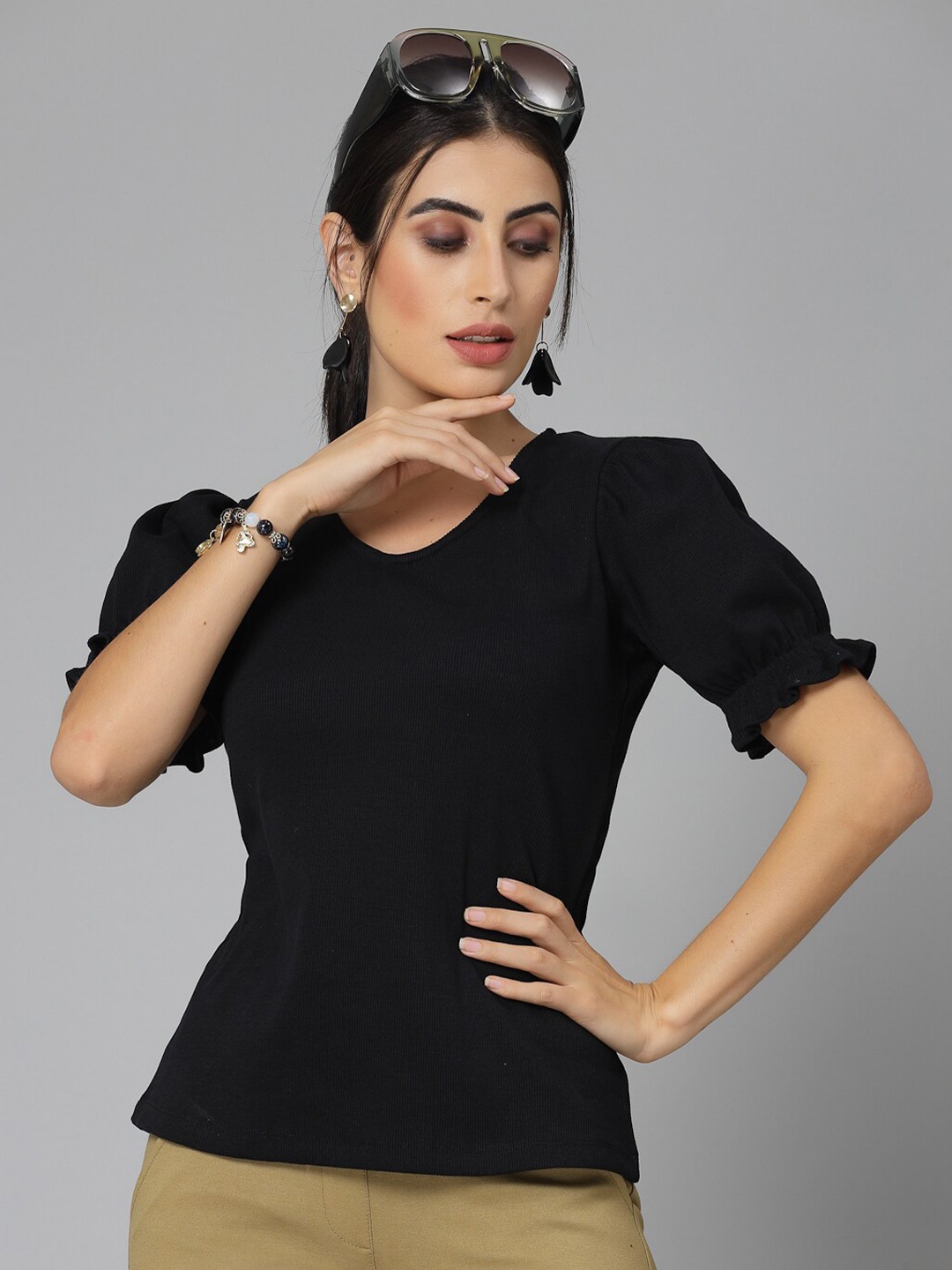 

Style Quotient Black V-Neck Puff Sleeves Ribbed Cotton Top