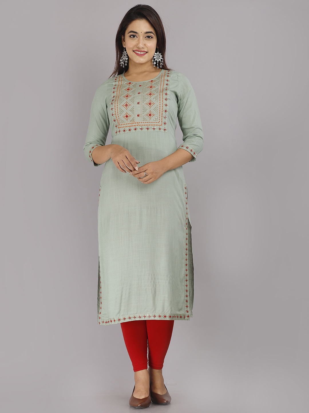 

KALINI Thread Work Detail Yoke Design Straight Kurta, Green