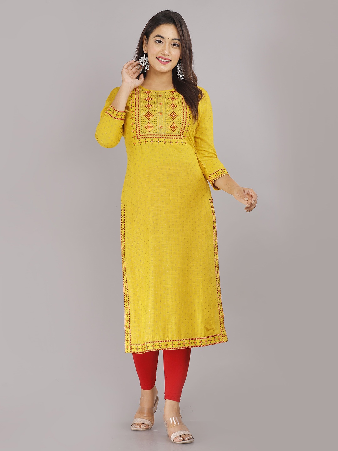 

KALINI Thread Work Yoke Design Straight Kurta, Mustard