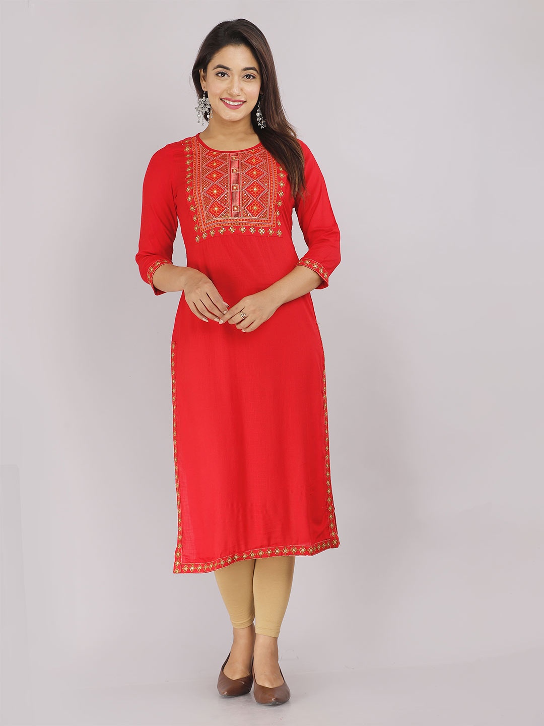 

KALINI Thread Work Yoke Design Straight Kurta, Red