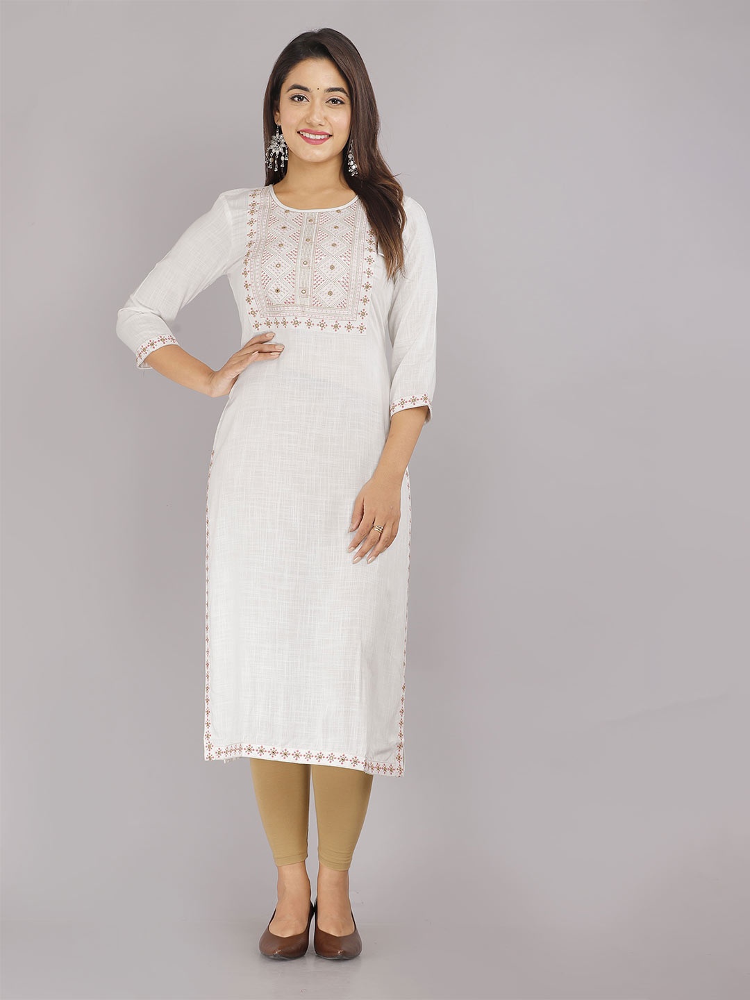 

KALINI Thread Work Detail Yoke Design Straight Kurta, White