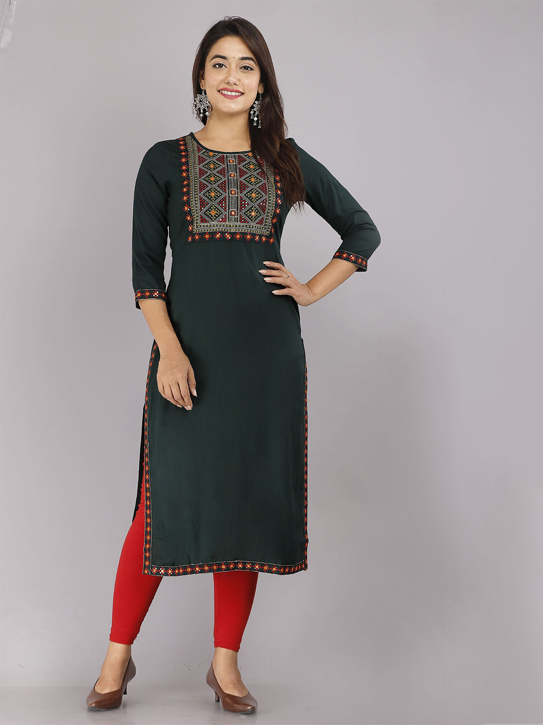 

KALINI Thread Work Yoke Design Straight Kurta, Green