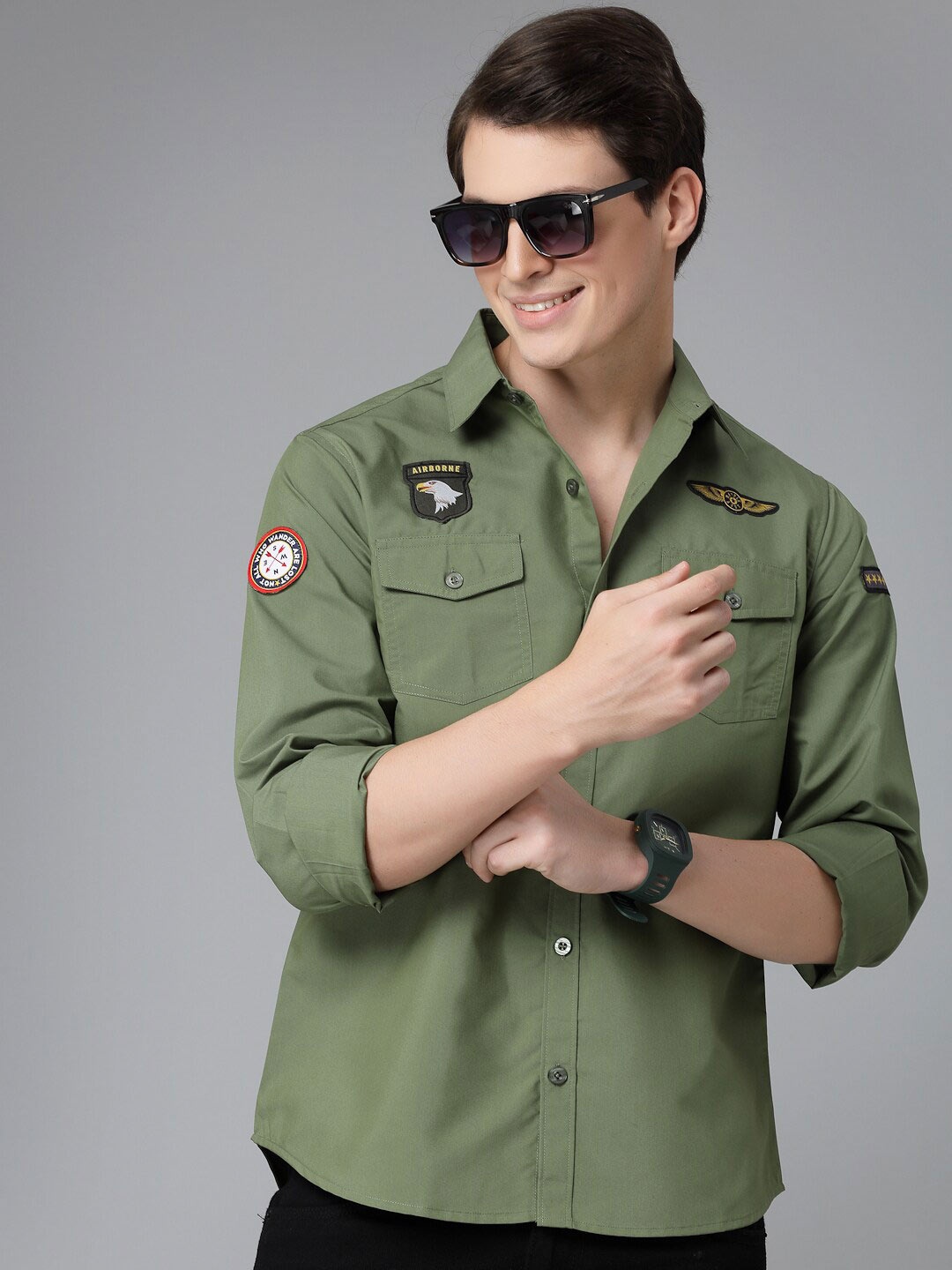 

Style Quotient Olive Green Smart Typography Printed Casual Shirt