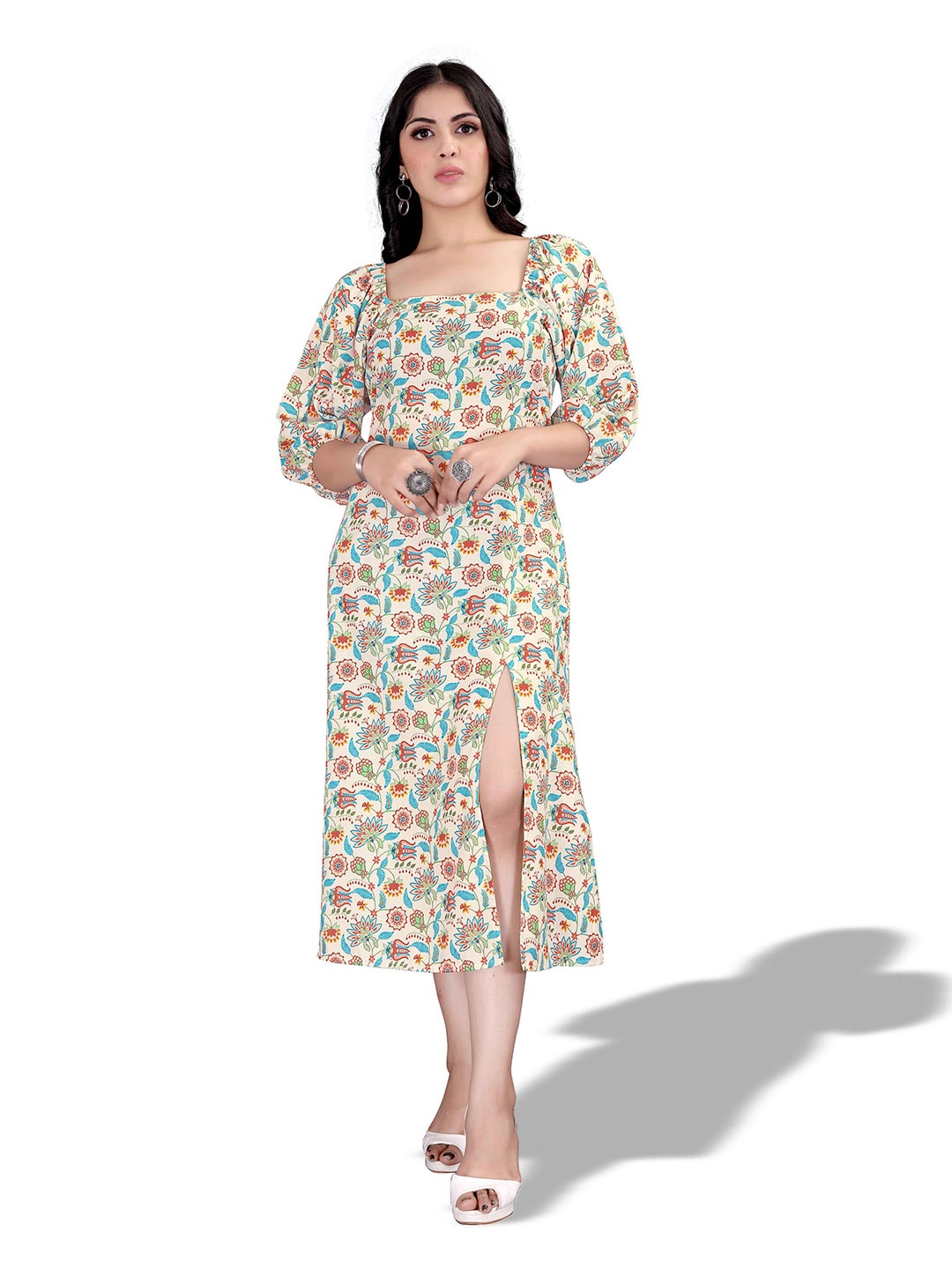 

Happy Design Floral Printed Square Neck Puff Sleeves A-Line Dress, Beige