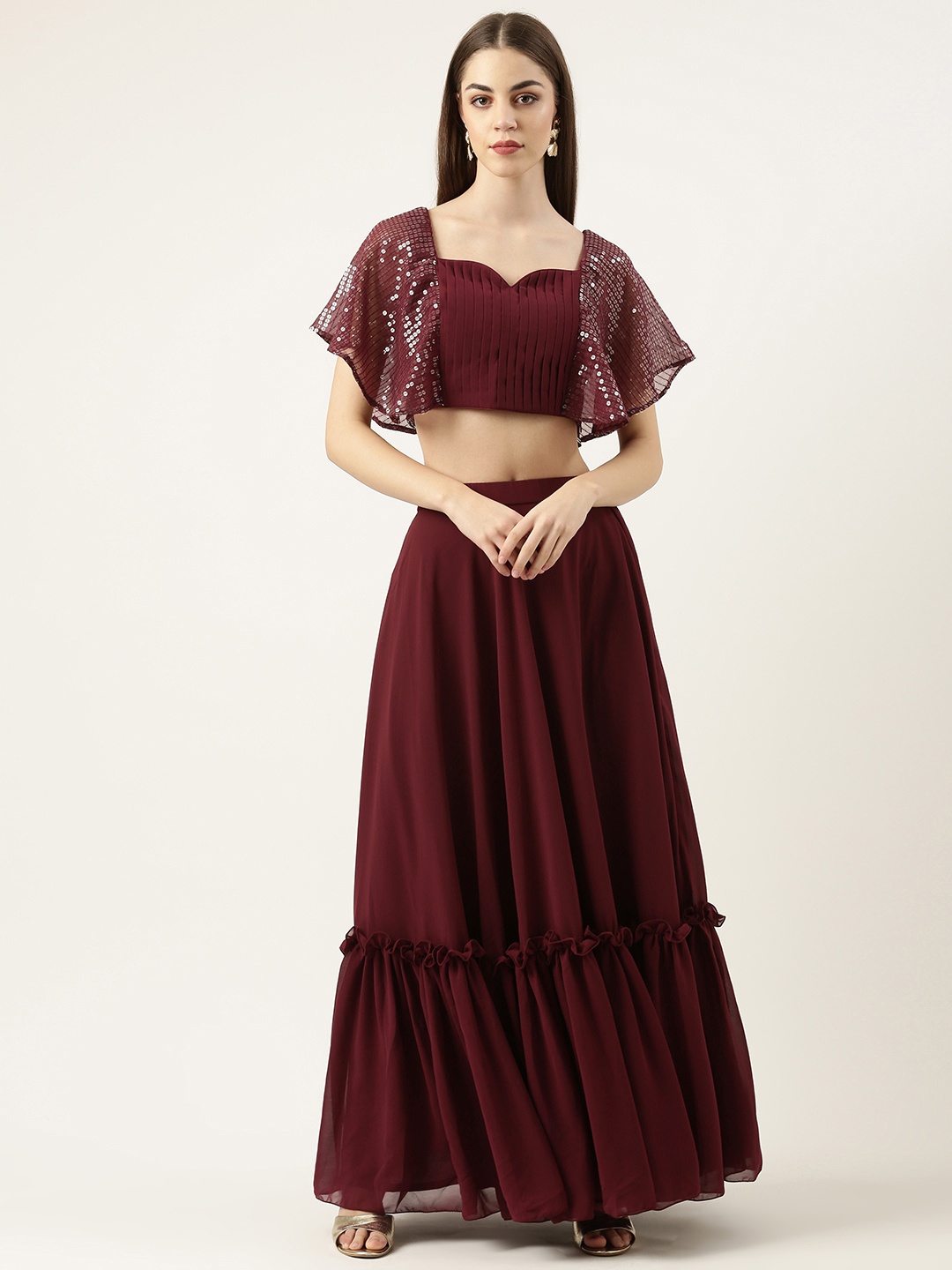 

Ethnovog Embellished Sequinned Ready to Wear Lehenga, Burgundy