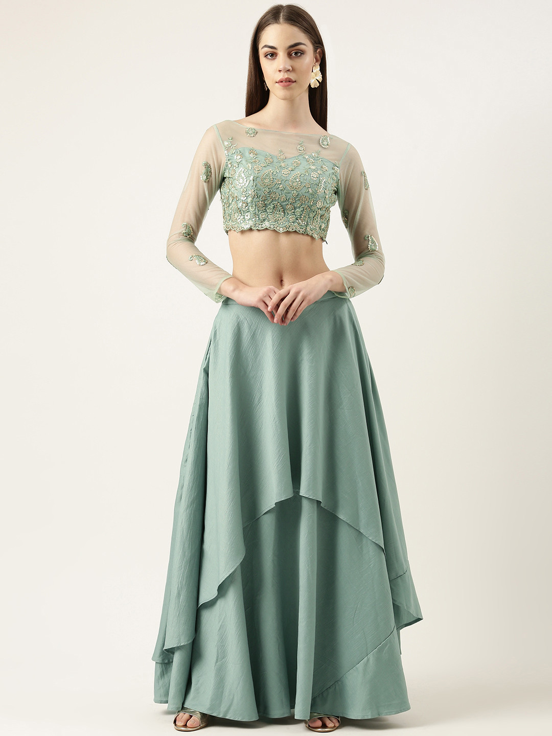 

Ethnovog Embroidered Sequinned Ready to Wear Lehenga, Blue