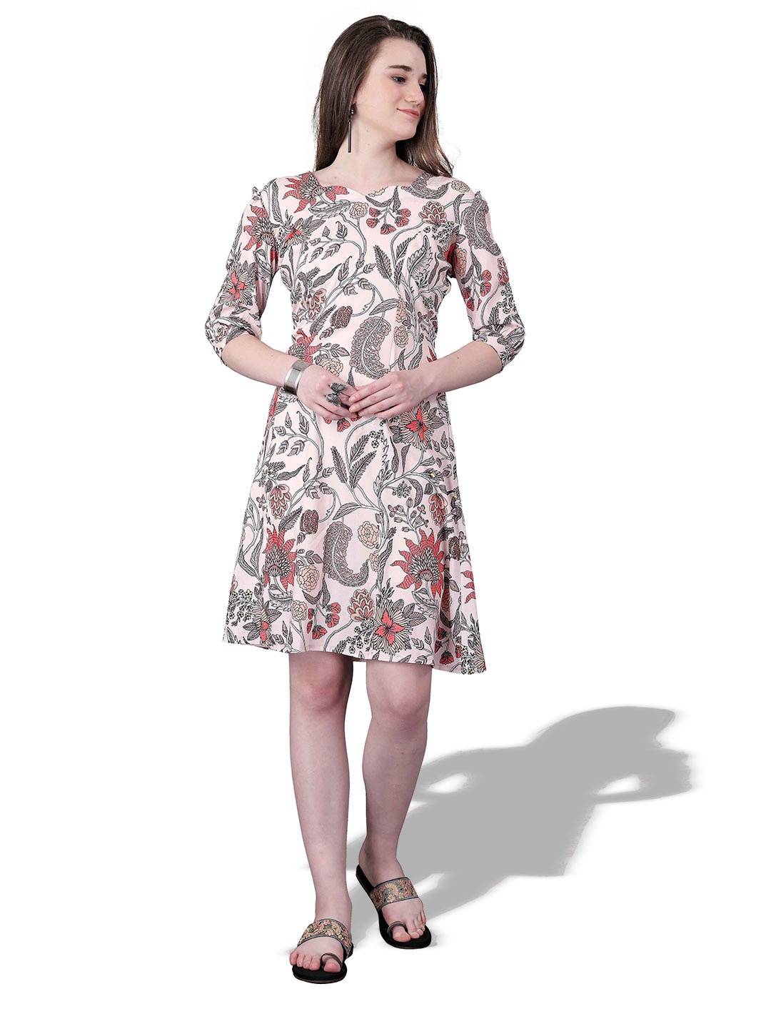 

Happy Design Floral Printed Round Neck A-Line Dress, Peach