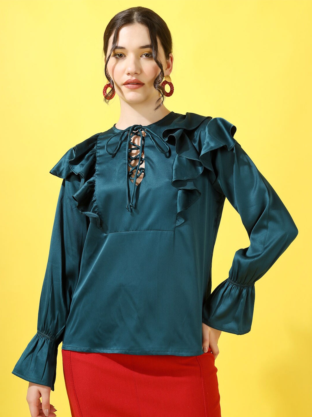 

angloindu Tie Up Neck Bell Sleeves Ruffles Top, Green