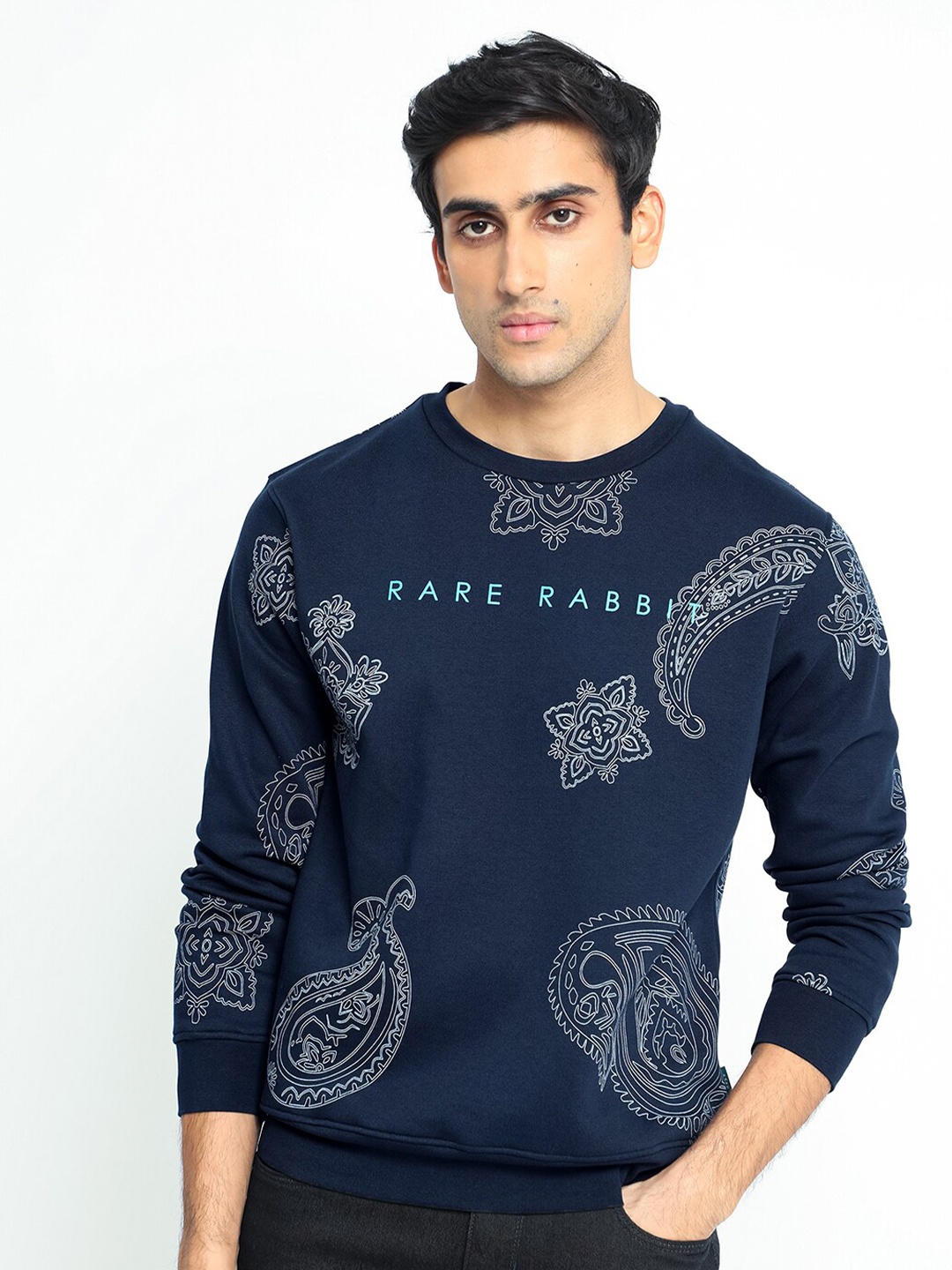 

RARE RABBIT Men Arloo Typography Printed Sweatshirt, Navy blue