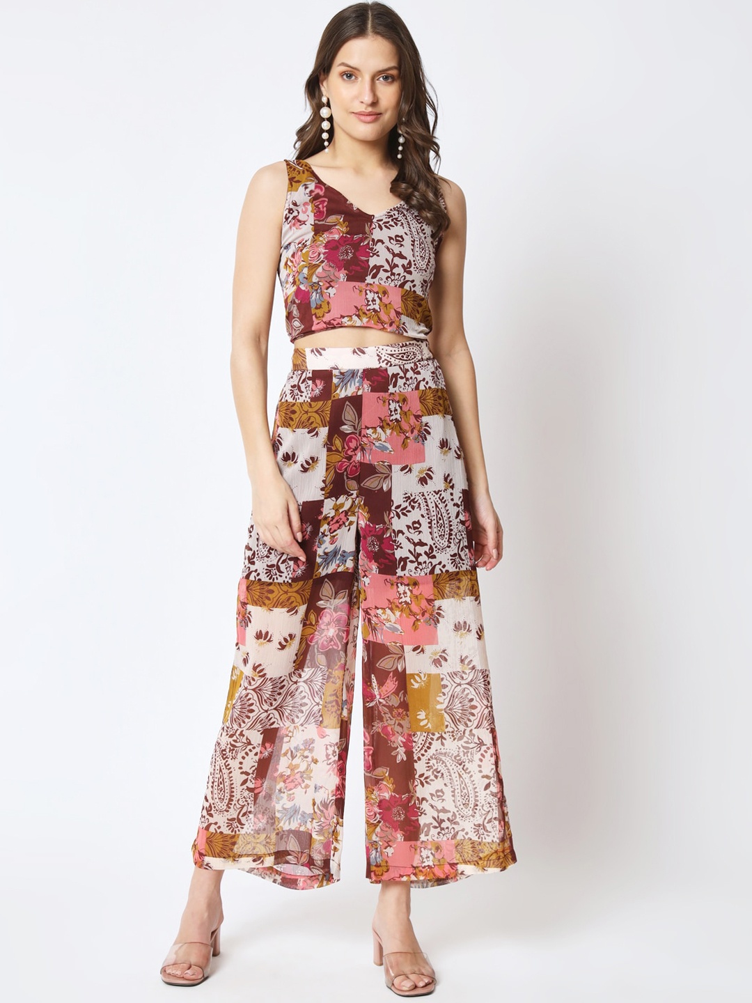 

CUFFS N LASHES Printed Square Neck Top With Palazzos, Brown
