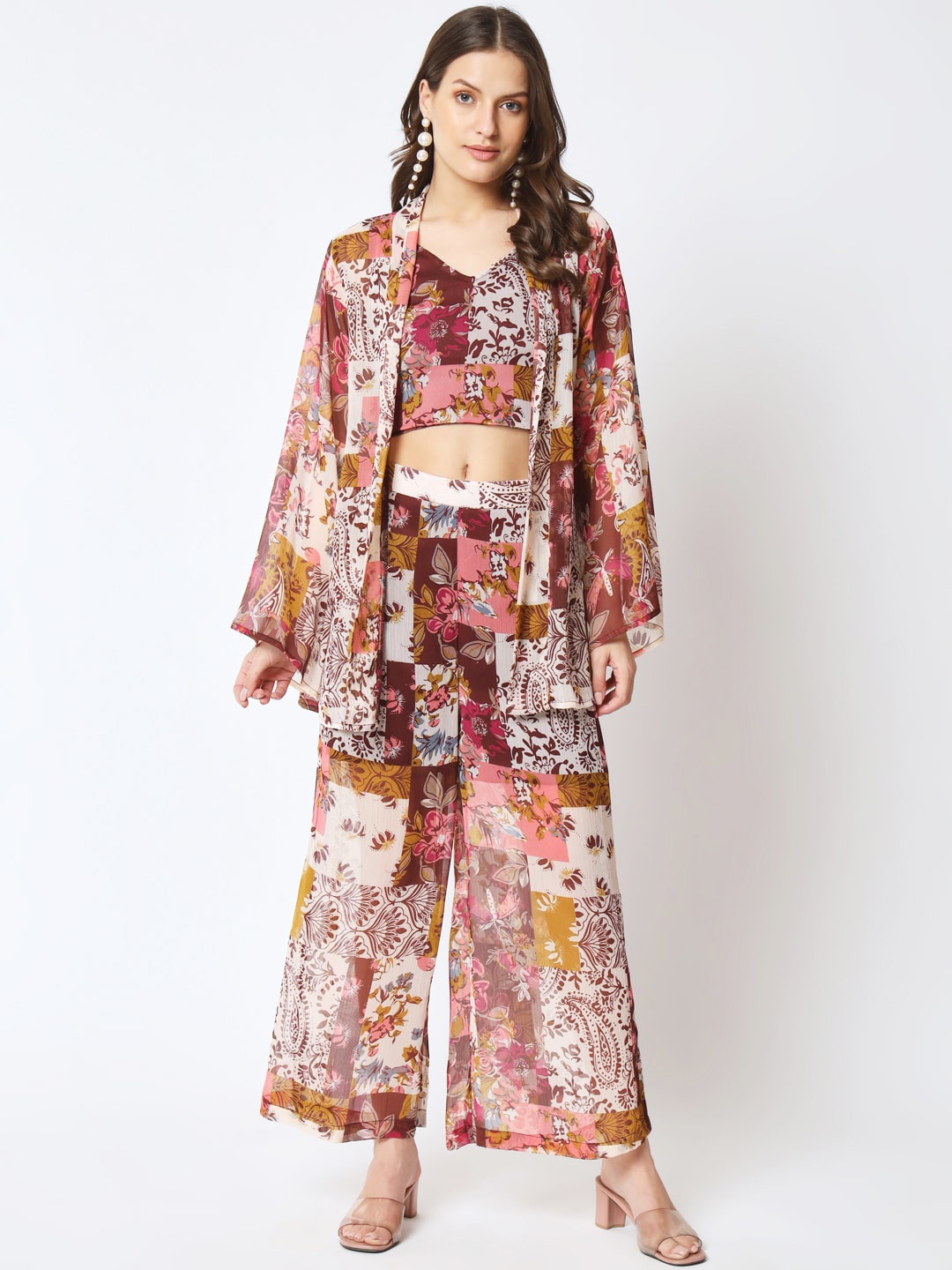 

CUFFS N LASHES Printed Top & Palazzos With Shrug, Brown