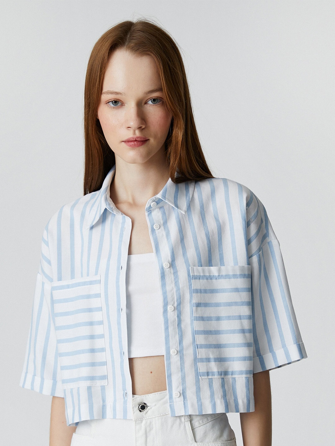 

Koton Boxy Vertical Striped Spread Collar Pure Cotton Casual Shirt, White