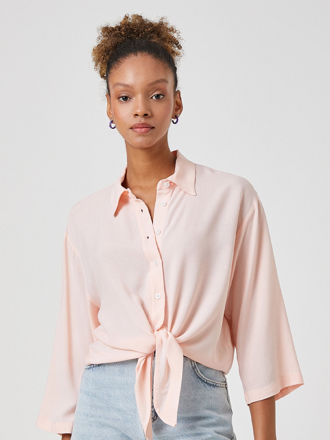 

Koton Spread Collar Extended Sleeves Tie-Ups Casual Shirt, Pink