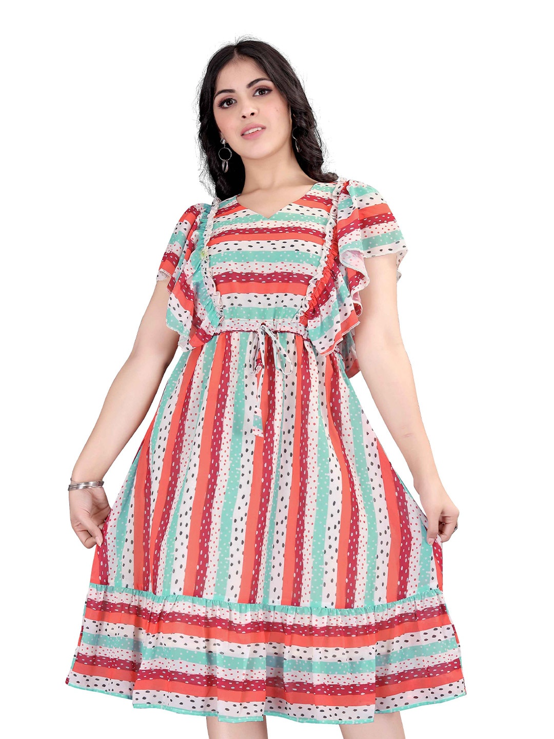 

Happy Design Striped Flared Sleeves Georgette Fit & Flare Dress, White