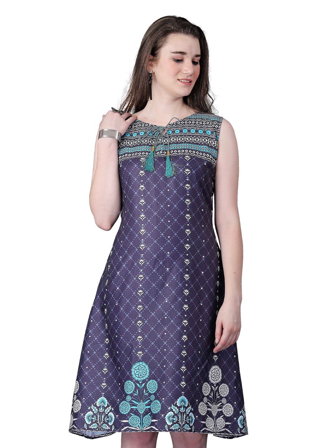 

Happy Design Ethnic Motifs Printed Sleeveless Cotton A-Line Dress, Blue