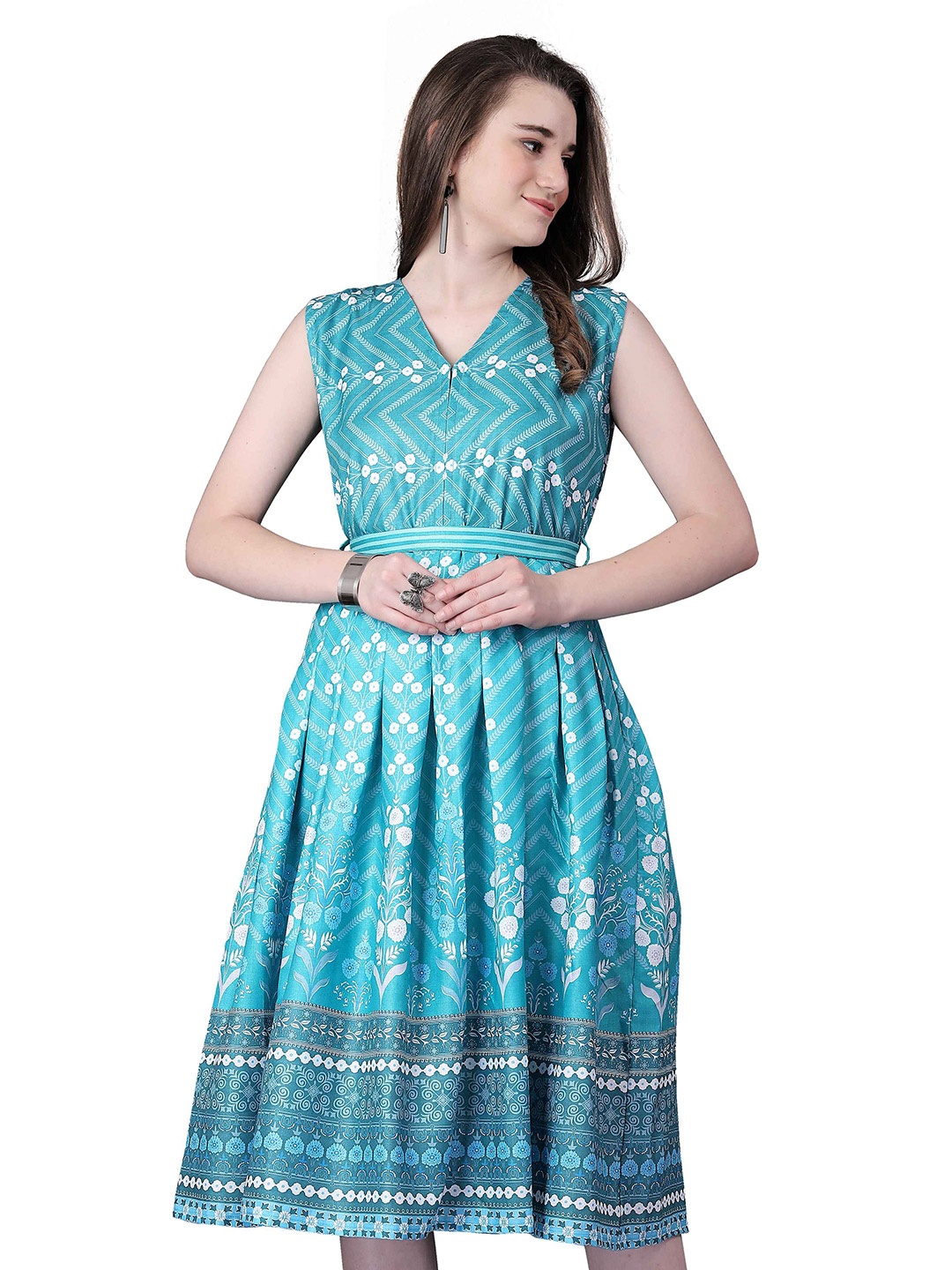 

Happy Design Floral Printed V-Neck Pleated Cotton Fit & Flare Dress, Teal
