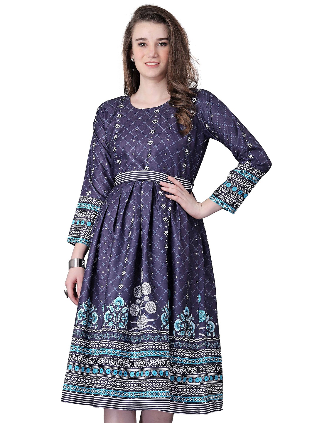 

Happy Design Ethnic Motifs Printed Round Neck Cotton Fit & Flare Dress, Blue