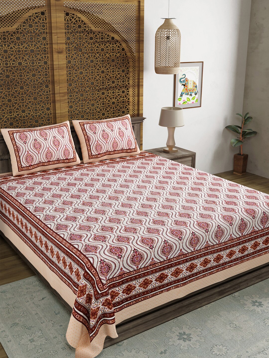 

Sangria Purple & White Printed Cotton 210 TC King Bedsheet With 2 Pillow Covers