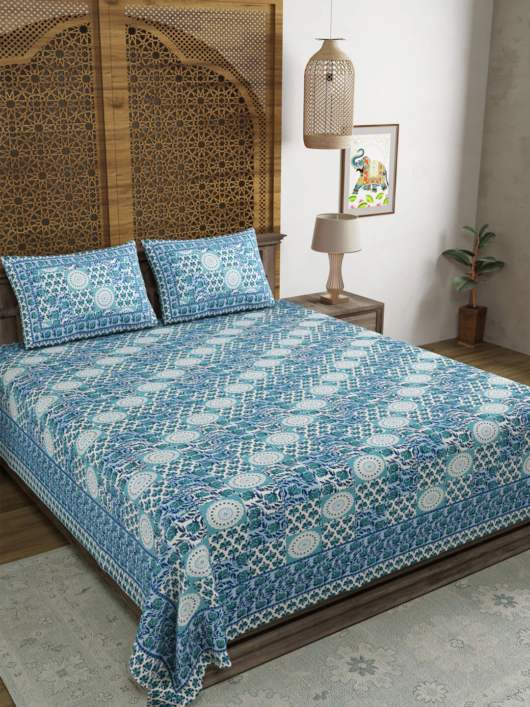 

Sangria Blue & White Printed Cotton 210 TC Double King Bedsheet With 2 Pillow Cover