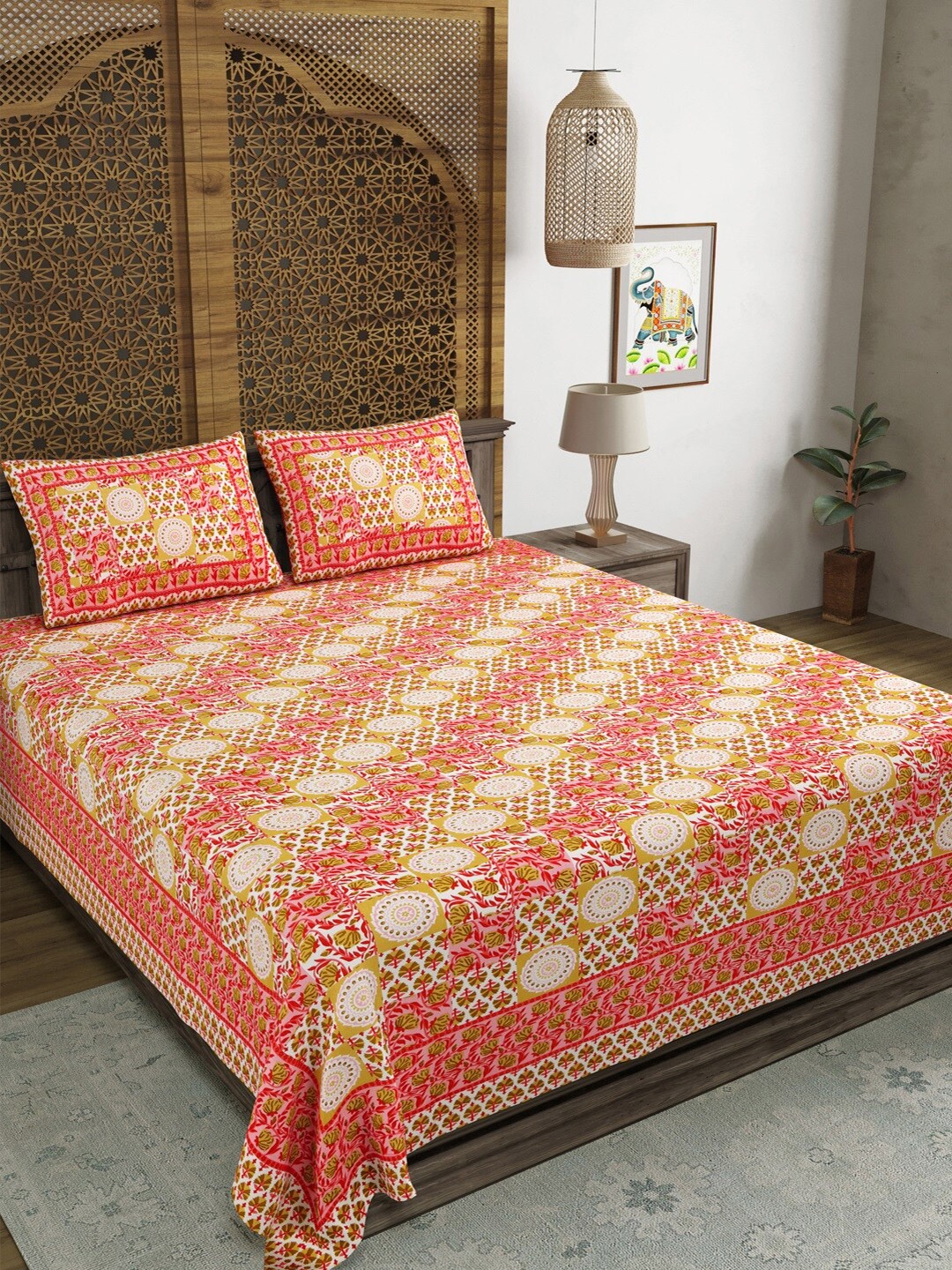 

Sangria Pink & Brown Printed 210TC Cotton Double King Bedsheet With 2 Pillow Covers