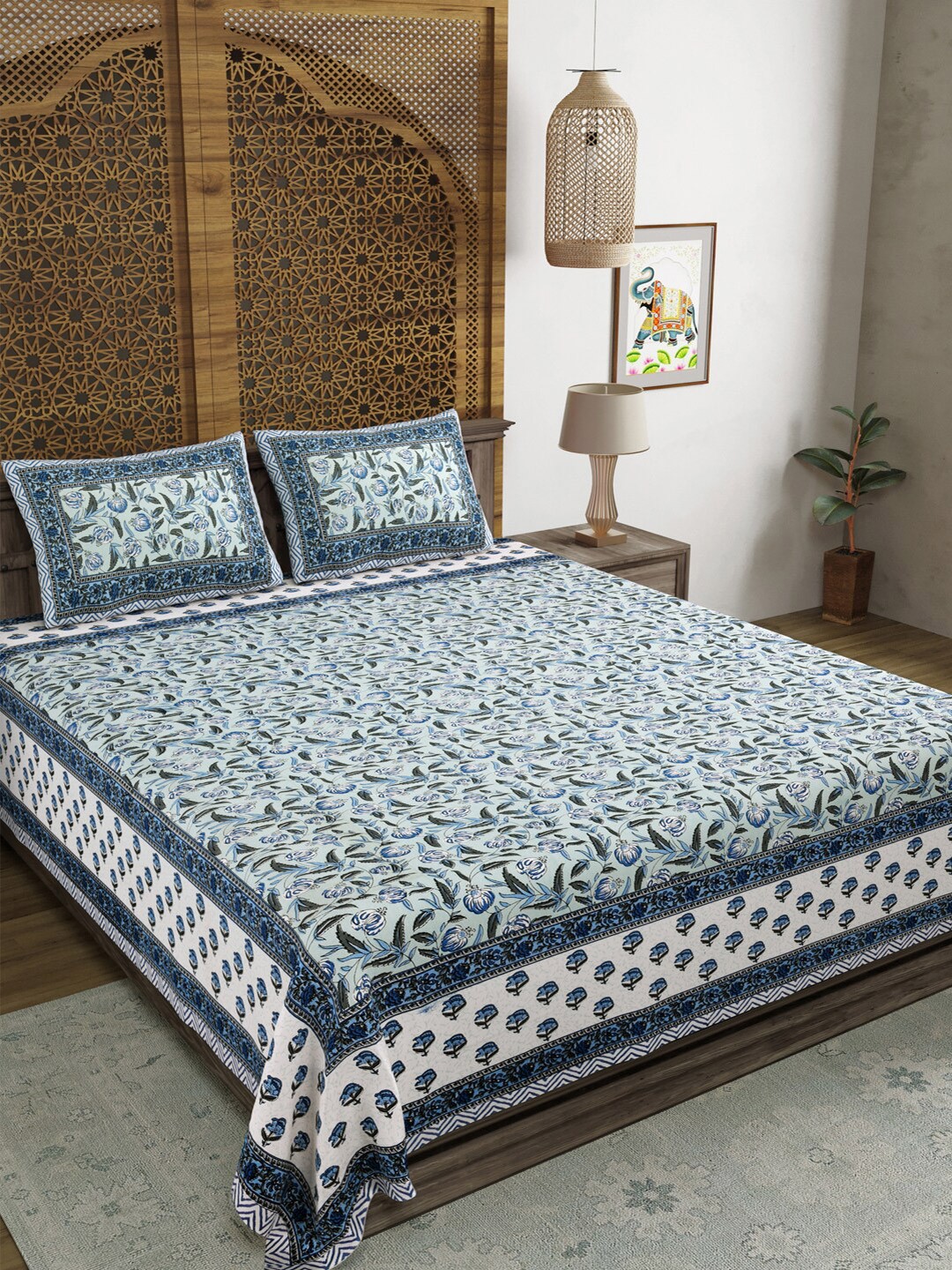 

Sangria Blue & White Printed 210TC Cotton Double King Bedsheet With 2 Pillow Covers