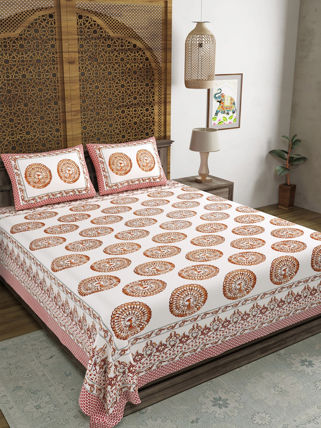 

Sangria Pink & White Ethnic Motifs Printed Cotton 210 TC King Bedsheet & 2 Pillow Covers