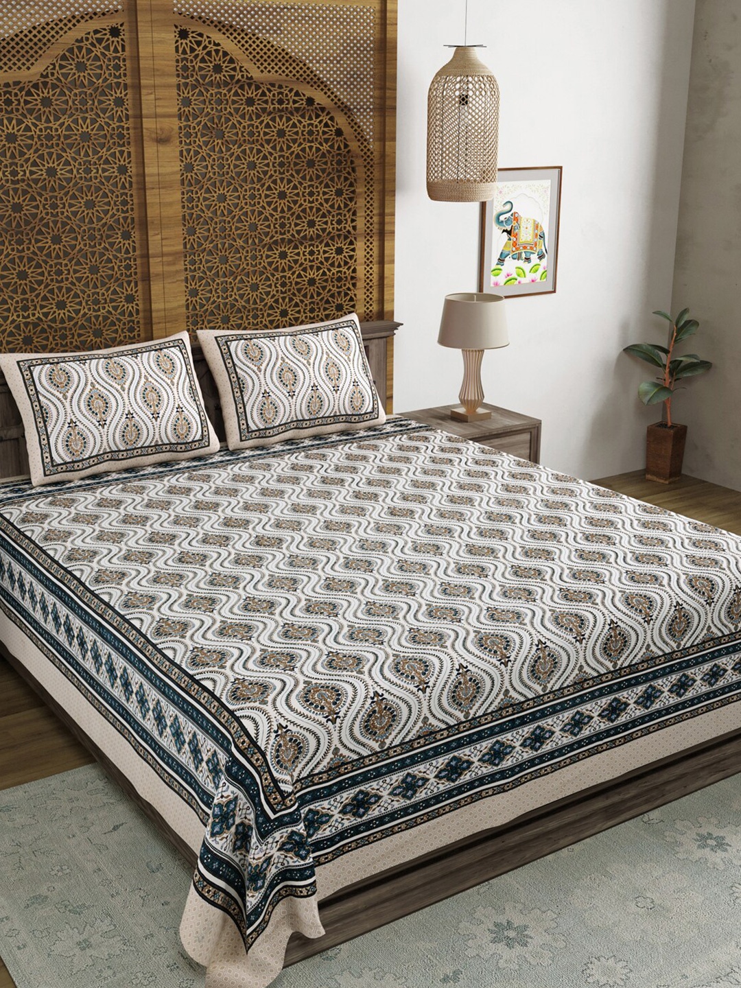 

Sangria Blue & White Printed 210TC Cotton Double King Bedsheet With Pillow Cover