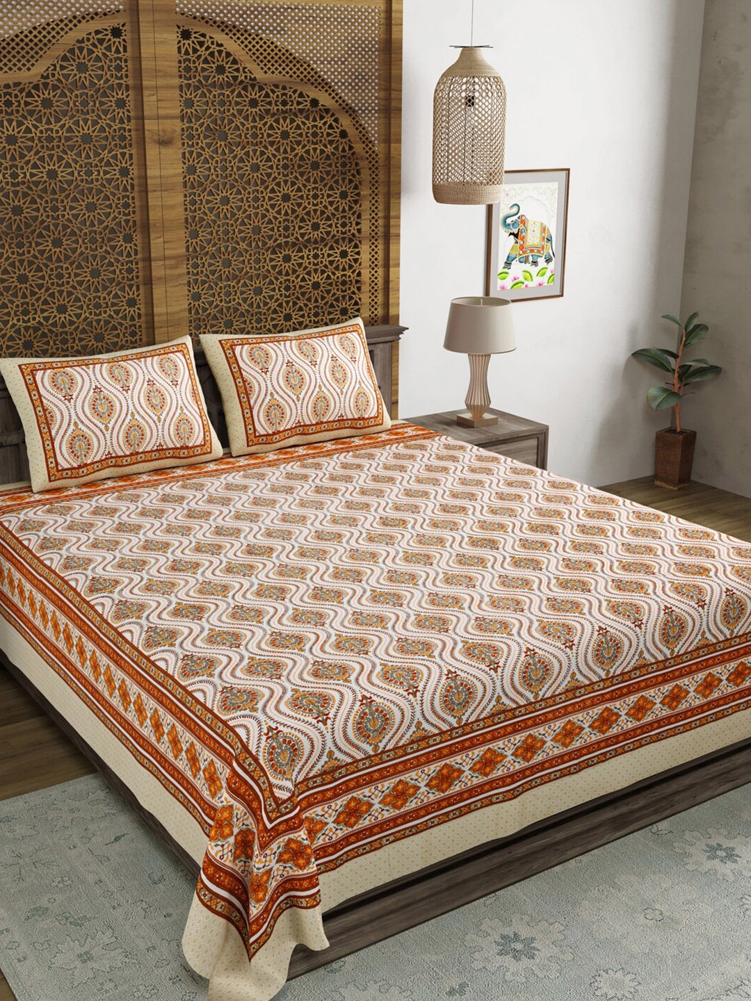 

Sangria Brown & Beige Ethnic Motifs Printed Cotton 210 TC King Bedsheet & 2 Pillow Covers