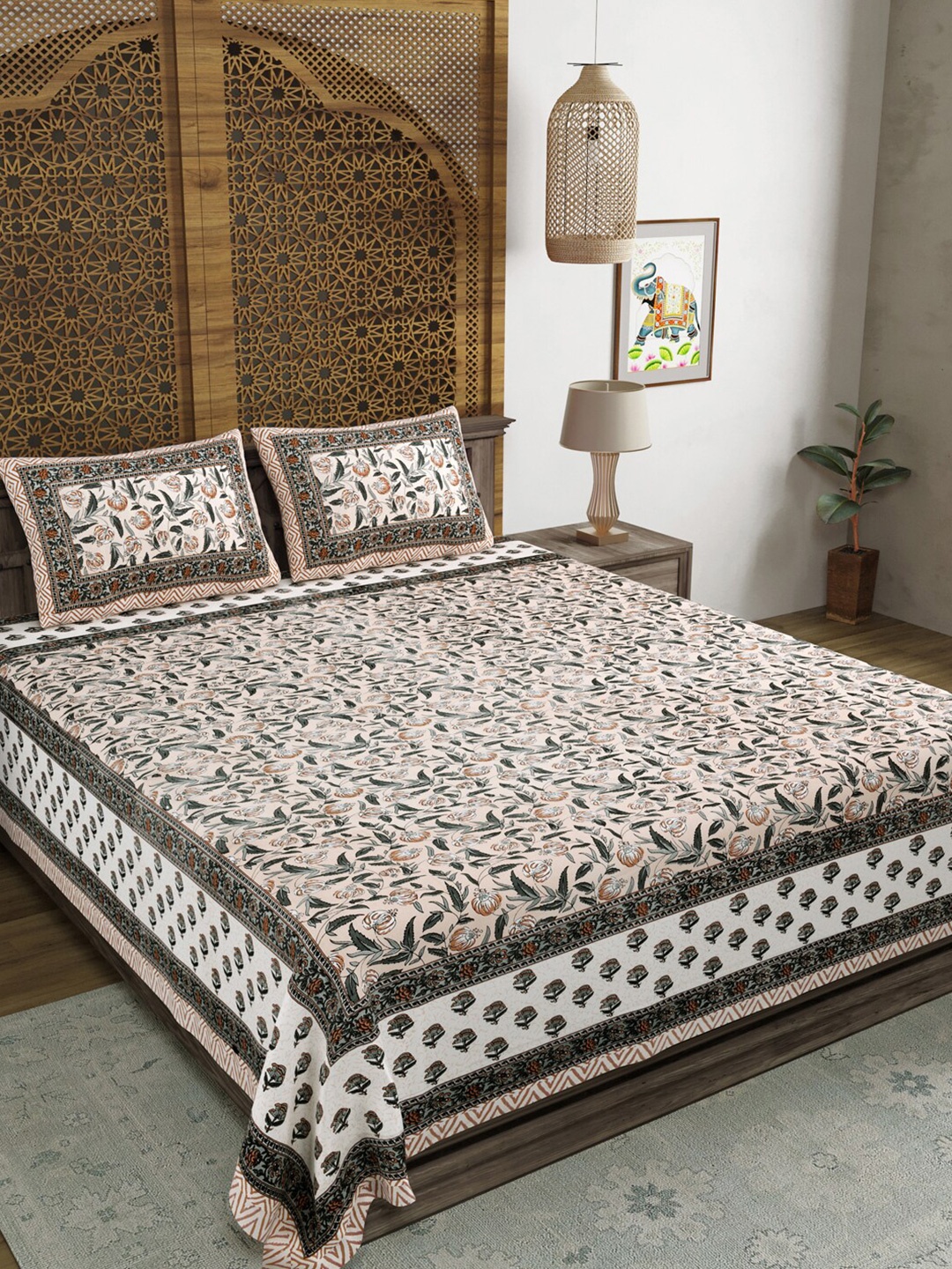 

Sangria Brown & White Ethnic Motifs Printed Cotton 210 TC King Bedsheet & 2 Pillow Covers