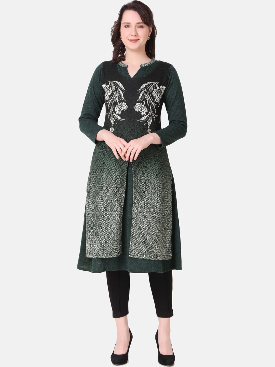 

Elthia Floral Self Design Layered Kurta with Trousers, Green