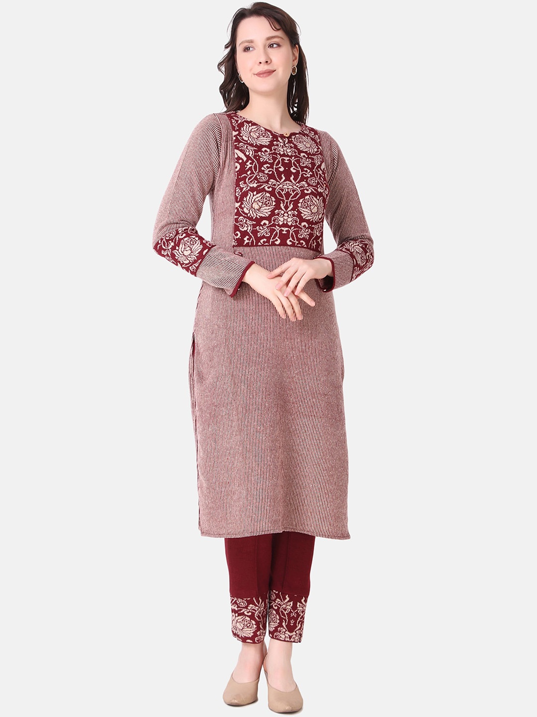 

Elthia Floral Printed Round Neck Straight Kurta with Trousers, Off white