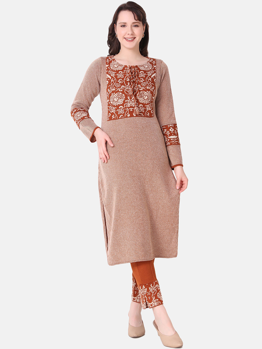 

Elthia Yoke Design Floral Printed Kurta With Trousers, Rust