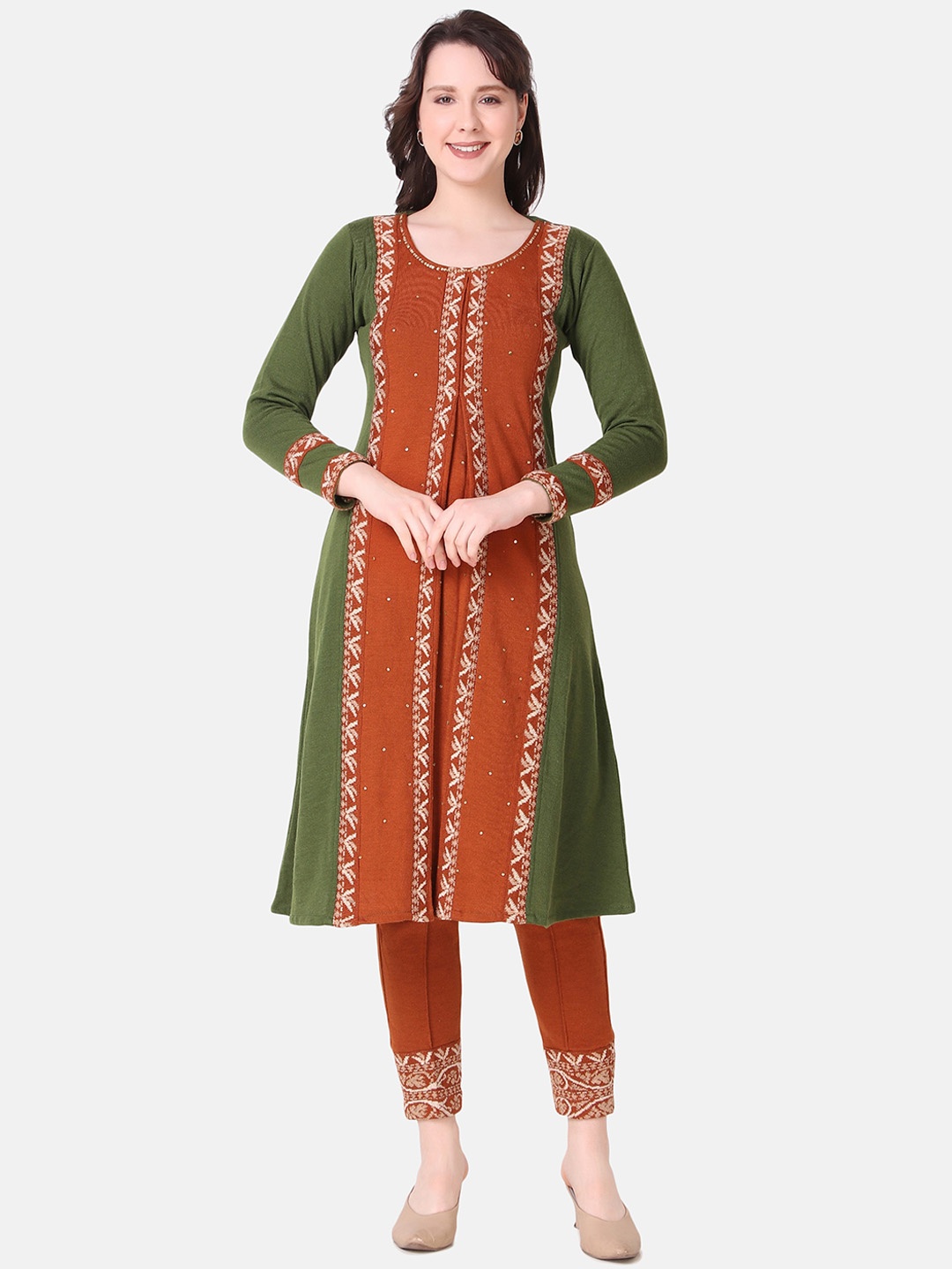 

Elthia Striped Self Design Layered Kurta with Trousers, Green