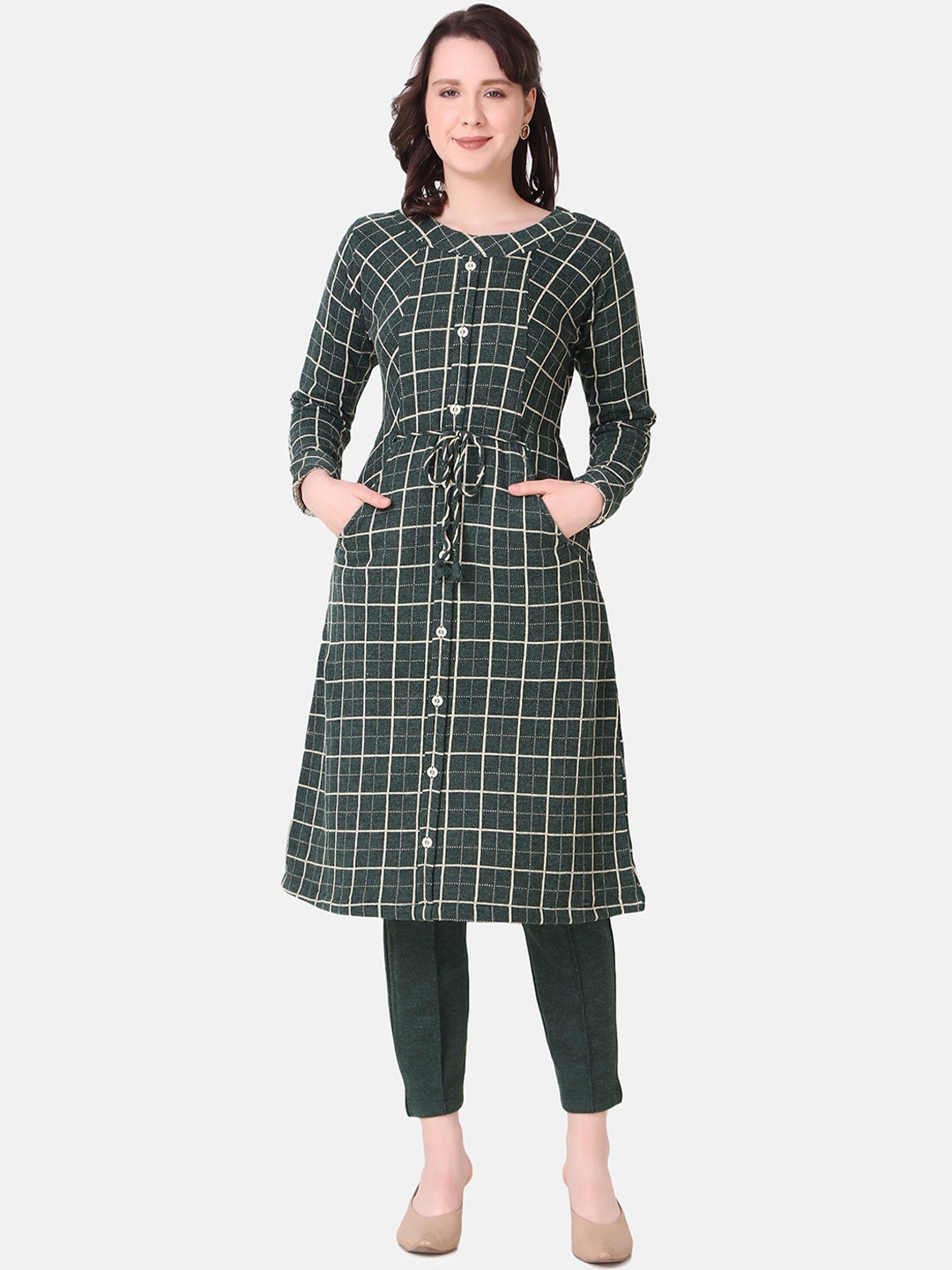 

Elthia Checked Printed A-Line Kurta With Trousers, Green